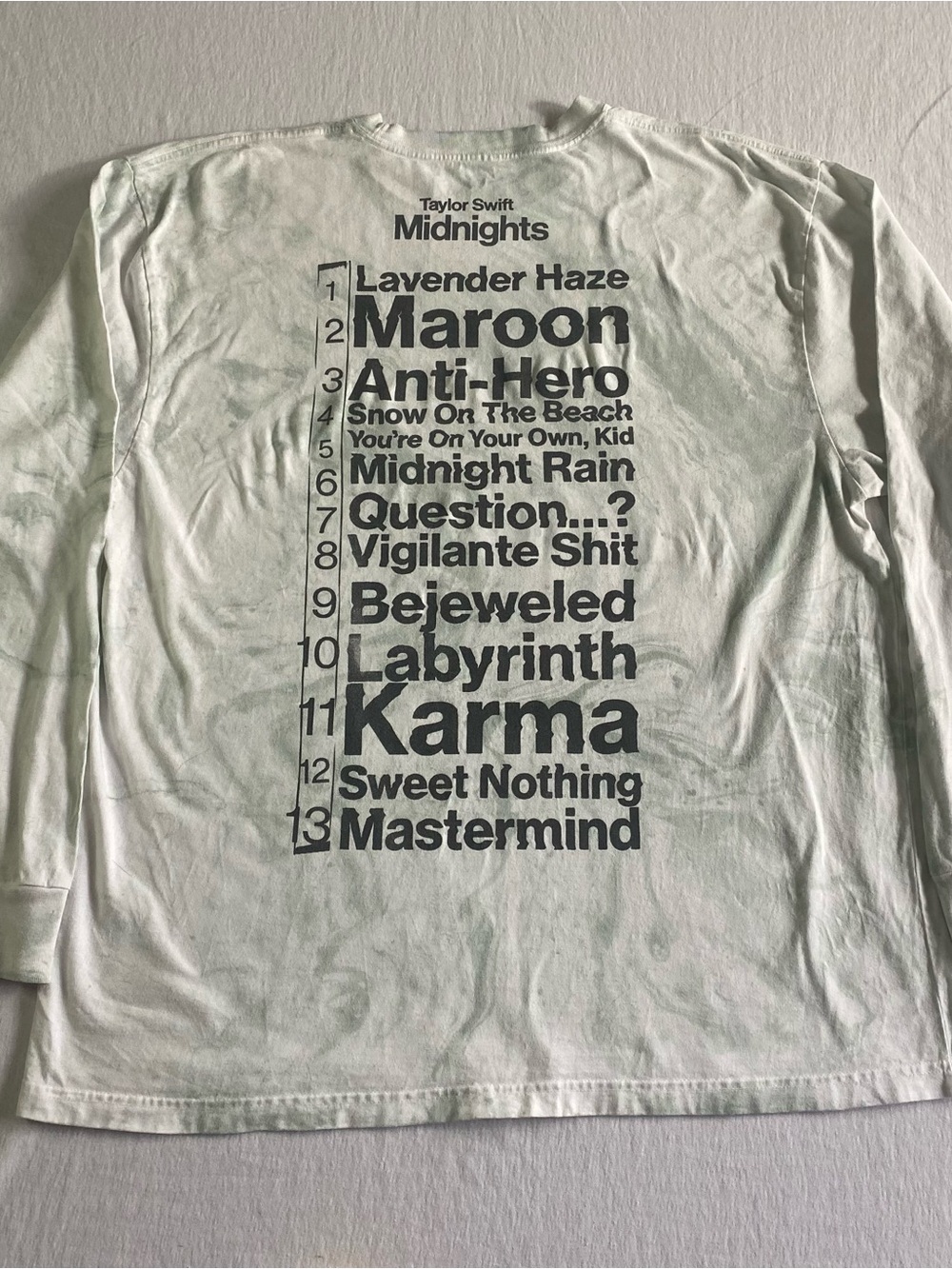 Taylor Swift Midnights 2XL long sleeve tee with track list tie-dye cotton RARE